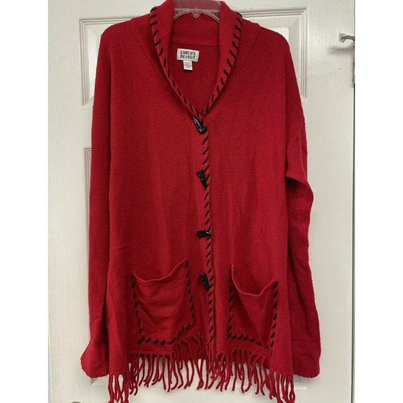 Chico's Sweaters - Chico's Womens Red Lambs Wool Cardigan Fringe Size 2